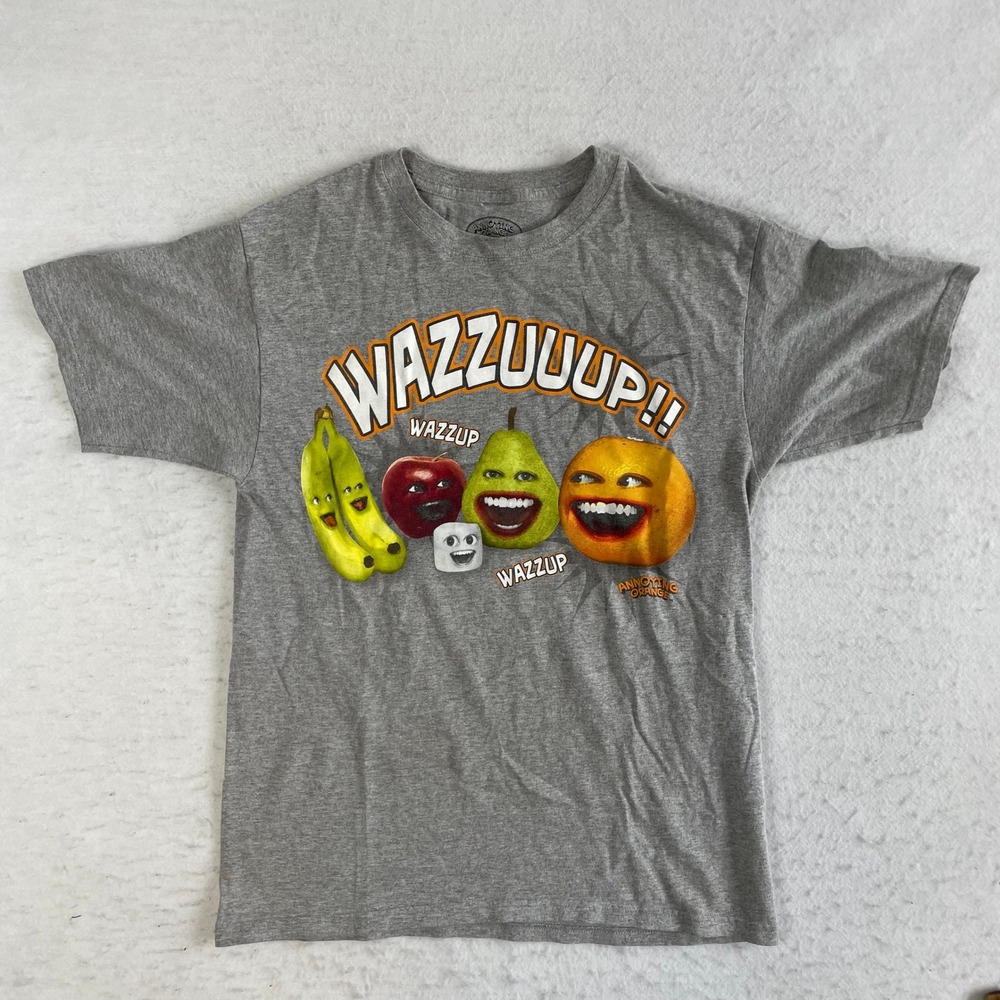 Annoying Orange T-Shirt Mens Medium Gray Wazzuuup Graphic Print Short Sleeve Tee